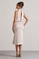 Champagne Satin Twisted High-Neck Midi Dress